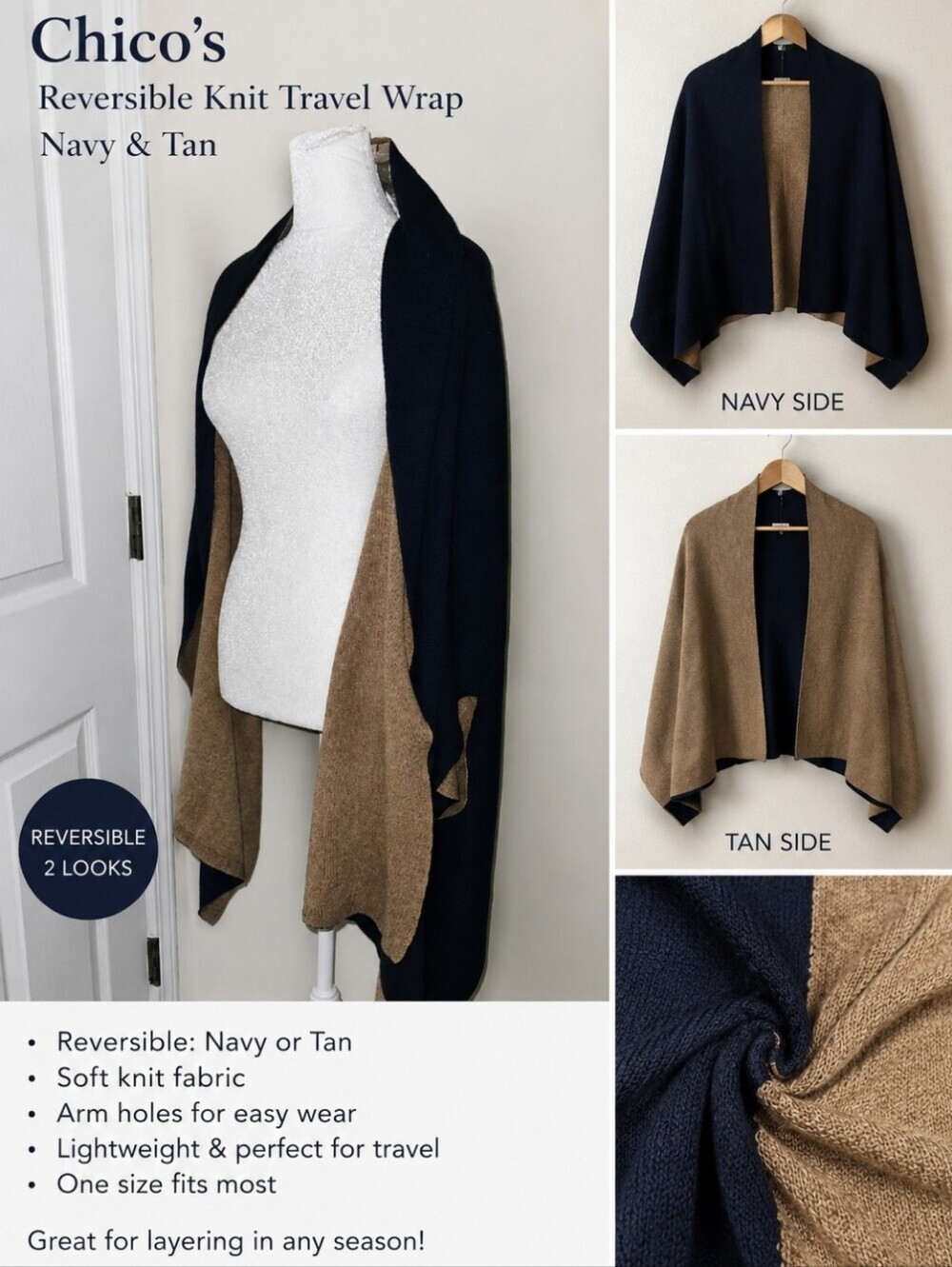 Chico’s Reversible Knit Travel Wrap Navy Blue & Tan Camel Arm Holes One Size